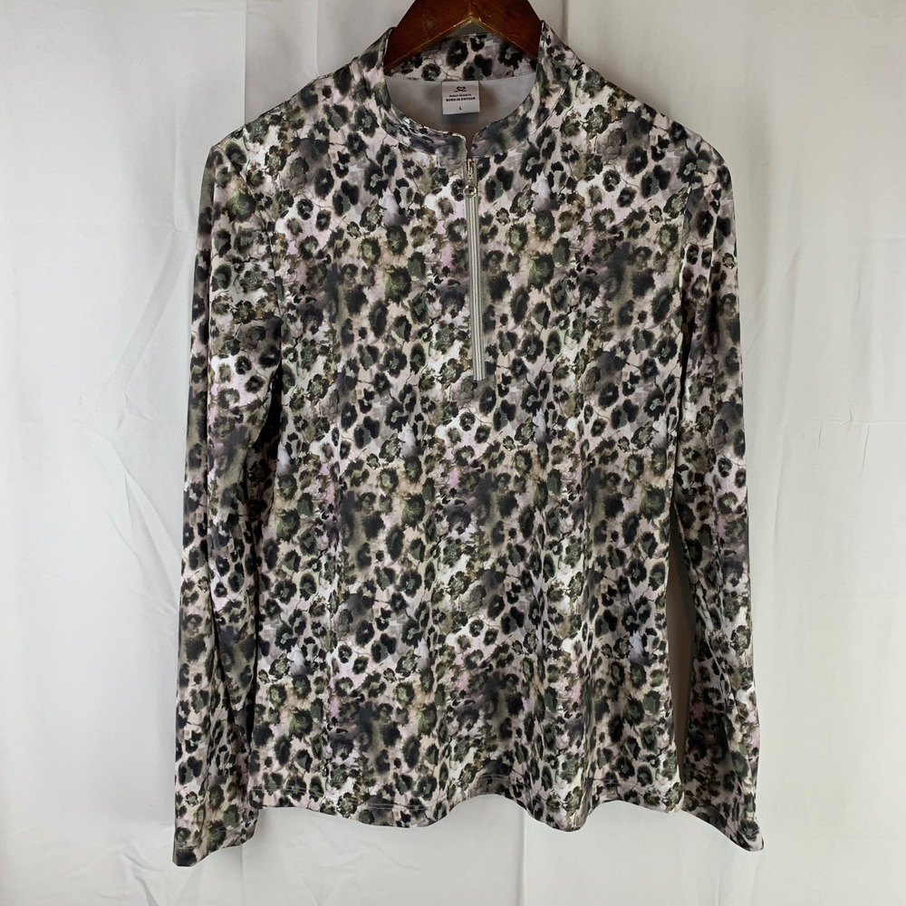 Daily Sports‎ Quarter Zip Pullover Womens Large Green Leopard Print Long Sleeve